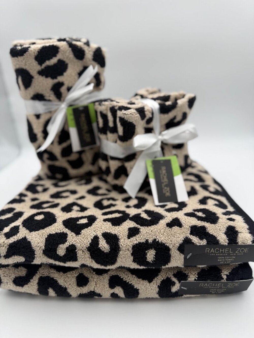 Rachel Zoe Leopard Print 8 Pc Bath Towel Set 100% Cotton Beige Black NWT